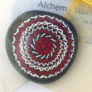 Medium Hand Painted Alchemy Stone with Red & White Sacred Geometry Pinwheel Mandala Design