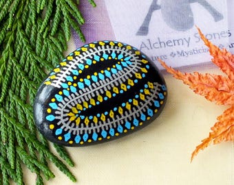 Smaller Hand Painted Alchemy Stone with Turquoise, Yellow & Silver Tribal Garland Design