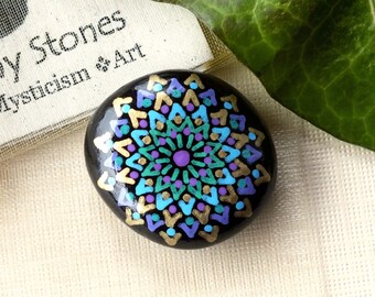 Petite Hand Painted Alchemy Stone with Turquoise, Green, Purple & Gold Complex Mandala Design