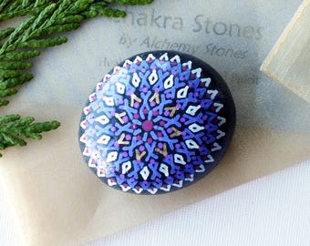 Small-Med Hand Painted Alchemy Crown Chakra Stone with Violet, White & Gold Star Mandala Design