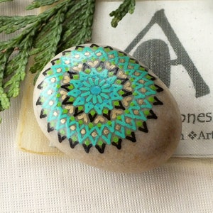 Sm-Med Hand Painted Alchemy Stone with Black, Green, Gold Complex Mandala Design