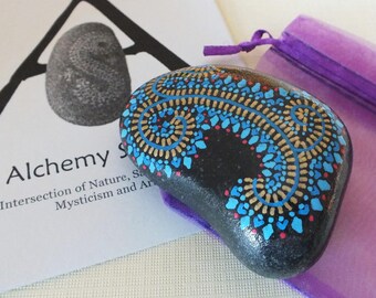 Medium Hand Painted Alchemy Stone with Intricate Blue, Turquoise, Red and Gold Tribal Garland Design