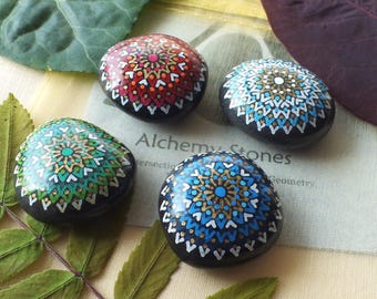 Small-Med Hand Painted 4pc Alchemy Stone Travel Altar Set with Complex Mandalas, Bag and Descriptions