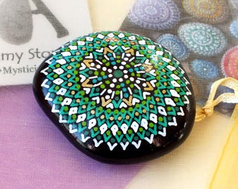 Hand Painted Alchemy Amplification Stone with Green, Gold & White Compass Mandala Design