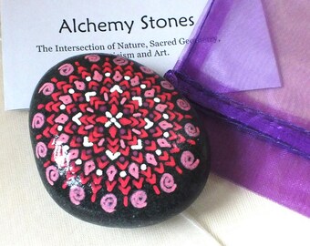 Hand Painted Alchemy Stone with Pink, Red, Maroon and White Spiral Mandala Design