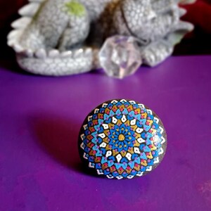 Medium Hand Painted Alchemy Stone with White, Blue, Turquoise and Gold Star Mandala Design