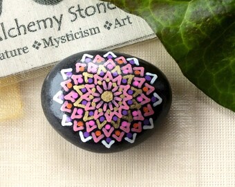 Petite Hand Painted Alchemy Stone with Pink, Purple, Gold and White Complex Mandala Design