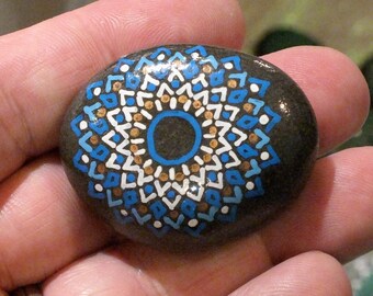 Smaller Hand Painted Alchemy Stone with Blue, Turquoise, Copper & White Zero Point Mandala Design