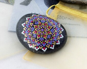 Medium Hand Painted Mandala Stone with Violet, Red, White and Gold Star Design by Alchemy Stones