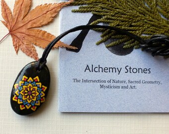 Smaller Hand Painted Alchemy Stone Jewelry Pendant with Yellow, Blue and Violet Mandala Design