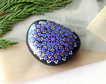 Smaller Hand Painted Alchemy Crown Chakra Stone with Violet, White & Gold Star Mandala Design