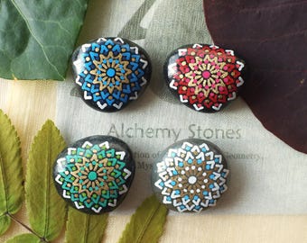 Small Hand Painted 4pc Alchemy Stone Travel Altar Set with Complex Mandalas, Bag and Descriptions