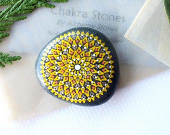 Medium Hand Painted Alchemy Solar Plexus Chakra Stone with Yellow, White & Gold Star Mandala Design