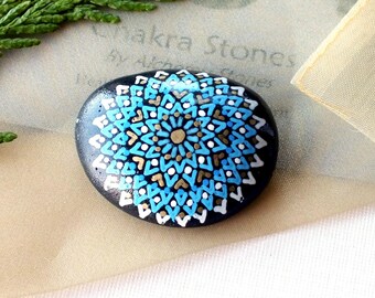 Small Hand Painted Alchemy Throat Chakra Stone with Blue, White & Gold Star Mandala Design