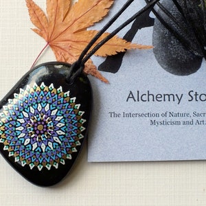 Larger Hand Painted Alchemy Stone Jewelry Pendant with Purple, Turquoise, White and Gold Mandala Design