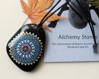 Larger Hand Painted Alchemy Stone Jewelry Pendant with Purple, Turquoise, White and Gold Mandala Design