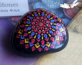 Hand Painted Mandala Stone with Red, Violet, Yellow and Copper Design by Alchemy Stones