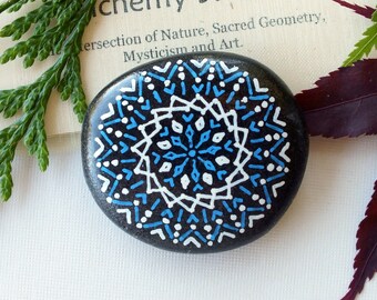Medium Hand Painted Alchemy Stone with Blue & White Sacred Geometry Starburst Mandala Design