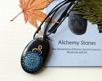 Medium Hand Painted Alchemy Stone Jewelry Pendant with Peacock Feather and Gold Mandala Design