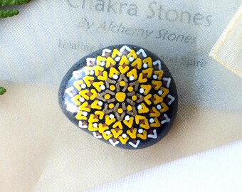 Small Hand Painted Alchemy Solar Plexus Chakra Stone with Yellow, White, Copper & Gold Star Mandala Design