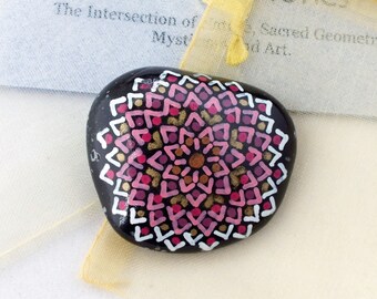 Smaller Hand Painted Mandala Stone with Pink, Red, Gold and White Star Design by Alchemy Stones