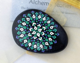 Medium Hand Painted Mandala Stone with Green, Violet and White Design by Alchemy Stones