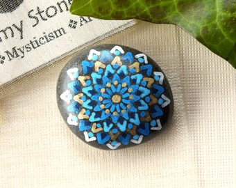Petite Hand Painted Alchemy Stone with Blue, White & Gold Complex Mandala Design