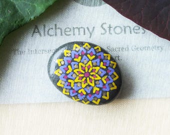 Petite Hand Painted Alchemy Stone with Violet, Yellow & Gold Complex Mandala Design