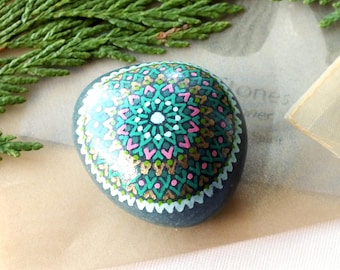 Small-Medium Hand Painted Alchemy Heart Chakra Stone with Green Complex Mandala Star Design