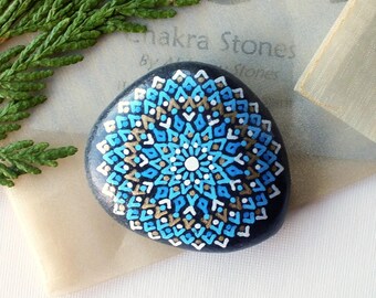 Medium Hand Painted Alchemy Throat Chakra Stone with Blue, White & Gold Star Mandala Design