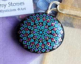 Hand Painted Mandala Stone with Green, Purple, Red and Gold Design by Alchemy Stones