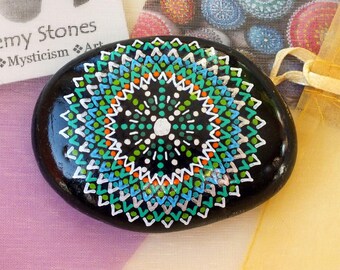 Hand Painted Alchemy Amplification Stone with Green, Blue, Orange, Silver & White Mandala Design