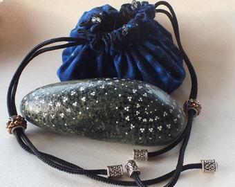 Large Hand Painted Alchemy Stone with Black & White Garland Sacred Geometry Design, in Hand Made Treasure Bag
