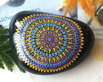 Large Hand Painted Alchemy Stone with Yellow, Purple, Turquoise & Gold Complex Mandala Design, Signed