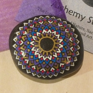 Medium Hand Painted Zero Point Alchemy Stone with Purple, Red, Blue, White & Gold Mandala Design