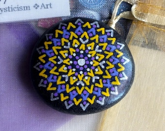 Hand Painted Mandala Stone with Purples, Yellow, Silver and Indigo Design by Alchemy Stones