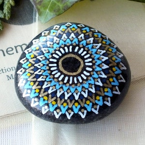 Hand Painted Zero Point Alchemy Stone with Turquoise, Yellow, Gold and White Mandala Design