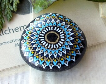 Hand Painted Zero Point Alchemy Stone with Turquoise, Yellow, Gold and White Mandala Design