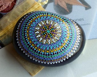 Large Hand Painted Alchemy Amplification Stone with Purple, Blue, Green, Gold & White Mandala Design
