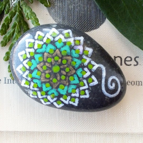 Smaller Hand Painted Alchemy Spiral Stone with Green, Gold and White Mandala Design