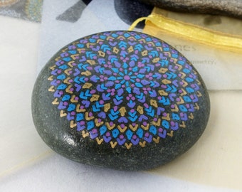 Larger Hand Painted Alchemy Stone with Blue, Violet and Gold Complex Star Mandala Design