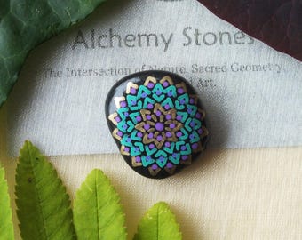 Petite Hand Painted Alchemy Stone with Violet, Green & Gold Complex Mandala Design