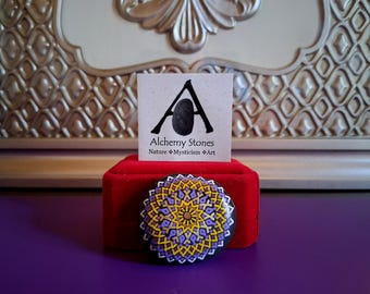 Medium Free-Hand Painted Alchemy Stone with Complex Mandala Design in Yellow, Purple, Gold and White