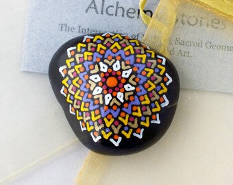 Sm-Med Hand Painted Alchemy Stone with Yellow, Violet, White, Gold and Orange Star Mandala Design