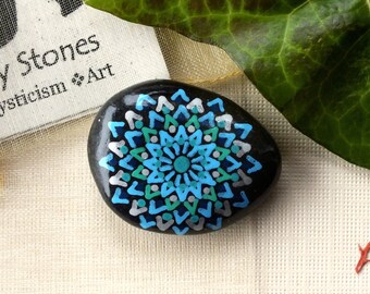 Petite Hand Painted Alchemy Stone with Turquoise, Green, Indigo and Silver Complex Mandala Design