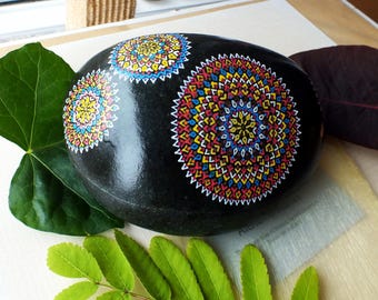 X-Large Hand Painted Alchemy "Signature" Stone with Red, Yellow, Blue, White & Gold Complex Multiple Mandala Design