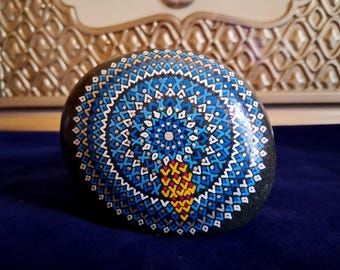 Large Hand Painted Alchemy Stone with Blue, Turquoise, White and Yellow Complex Mandala Design