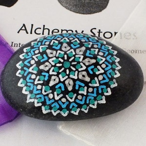 Medium Hand Painted Alchemy Stone with Turquoise, Green, White & Silver Mandala Design