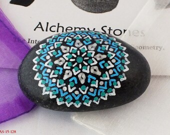 Medium Hand Painted Alchemy Stone with Turquoise, Green, White & Silver Mandala Design