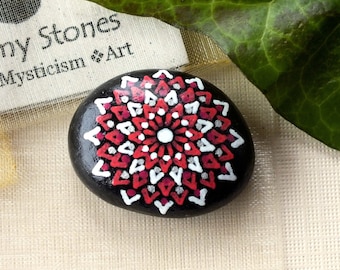 Petite Hand Painted Alchemy Stone with Red, White & Silver Complex Mandala Design